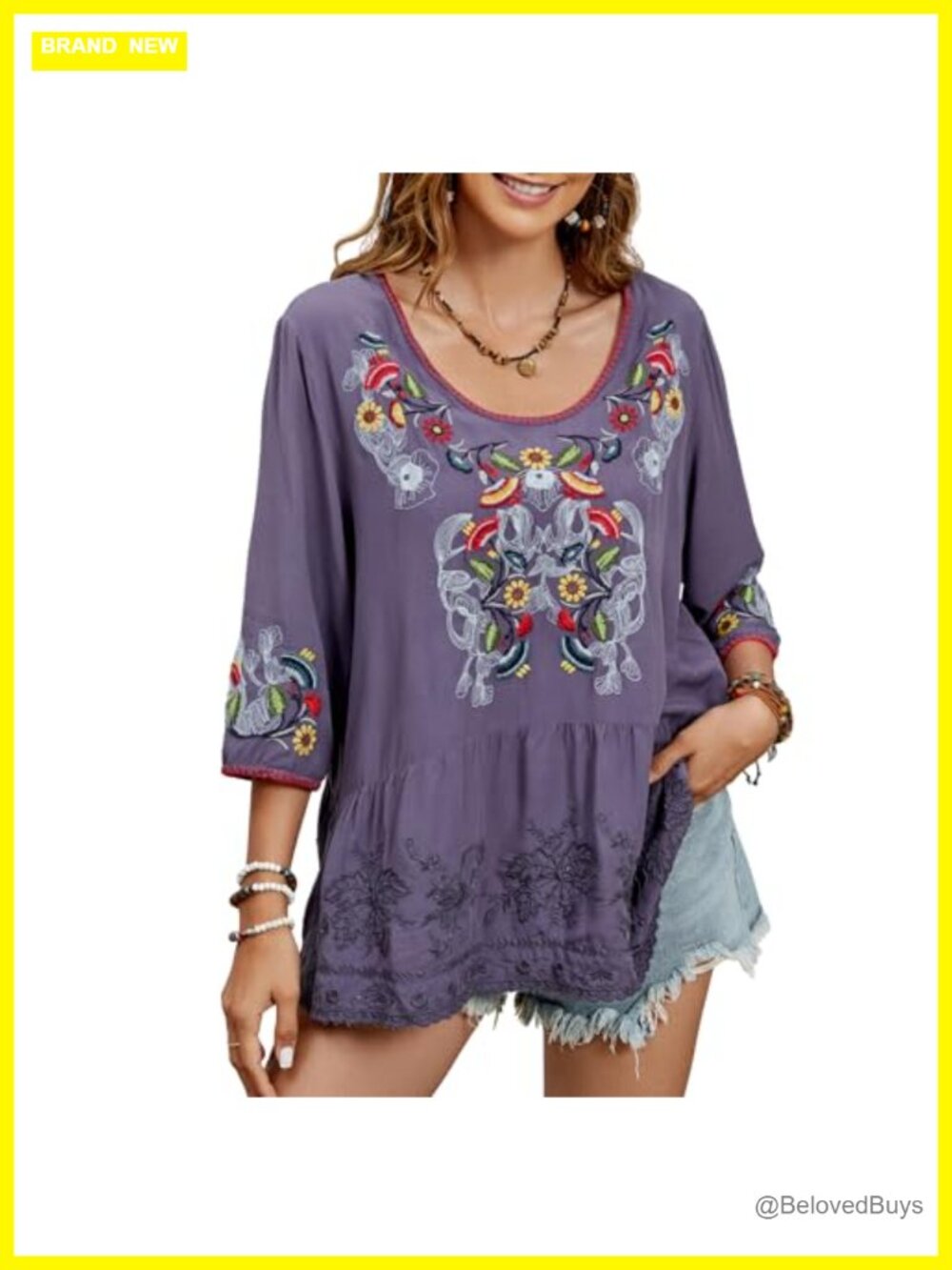Women's Embroidered Mexican Peasant Tunic Top 3/4 Sleeve Cotton Loose Fit